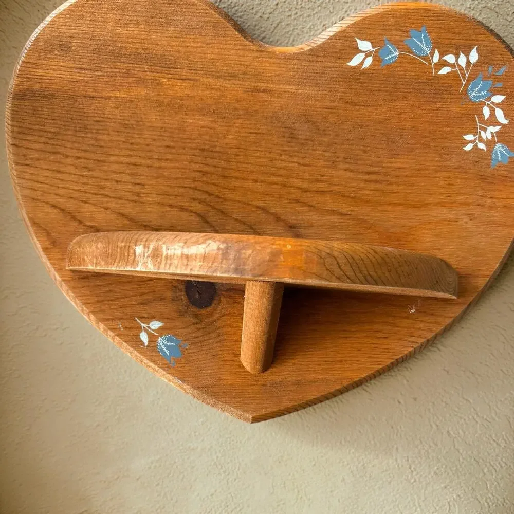 Vintage Wood Heart Wall Shelf Blue Tulip Stencil 1980s Country Cottage Folk Art